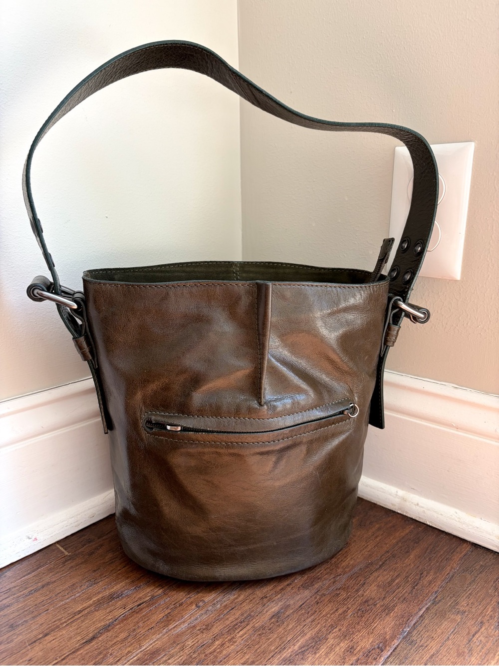 Francesco Biasia Leather Bucket Bag Olive Brown Shoulder Bag Italy